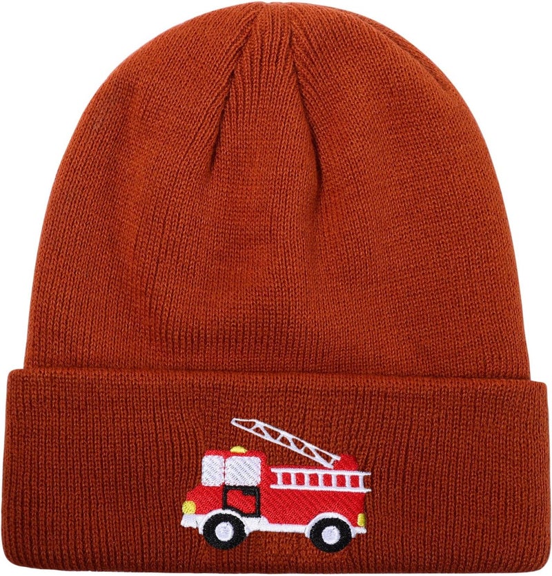 KDVOG Store Kids Knit Beanie Cute Fire Trucks Embroidery Warm Cuffed Skull Caps Classic Autumn Winter Hats for Boys Girls 3-8 Years - Image 1